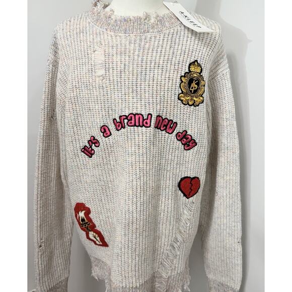 New KLEEP Kelve Heavy Gauge Kelve Ripped Knit Sweater Men's Size Large L Natural - Picture 1 of 4